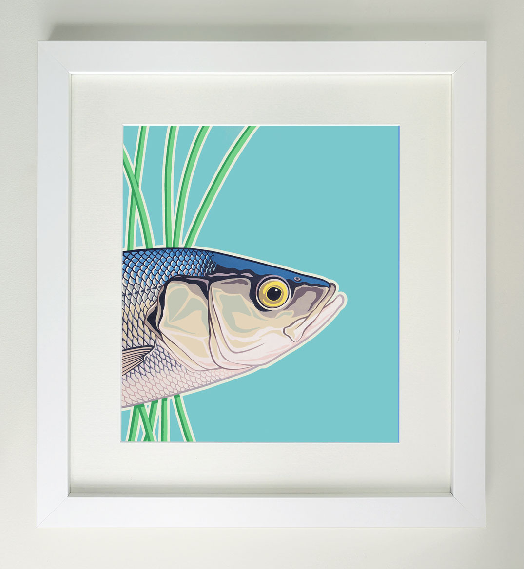 Framed painting of a sea bass fish