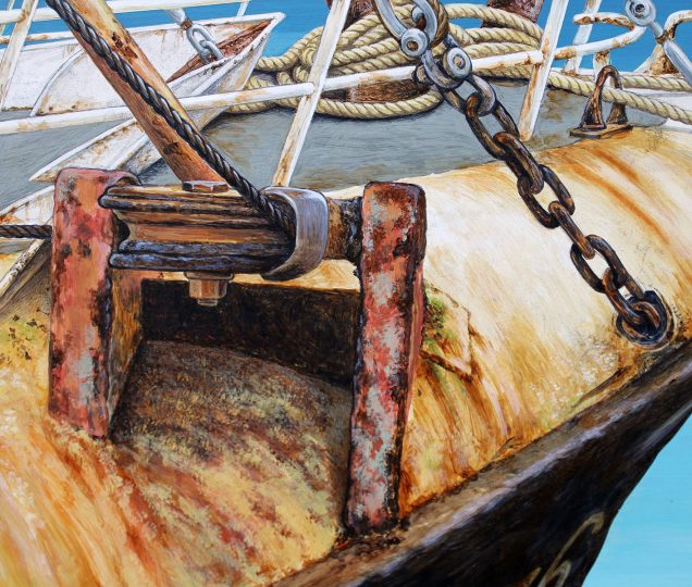 Acrylic painting showing the rust on a Cornish trawler
