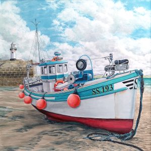Painting of fishing boat at low tide in St Ives, Cornwall