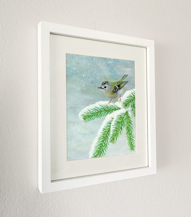 Framed painting of a Goldcrest