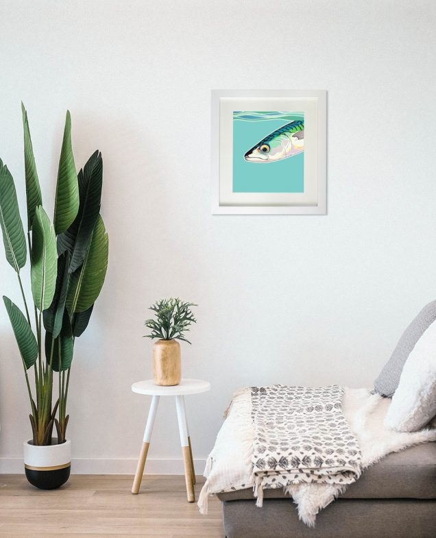 Mackerel painting hanging in a room