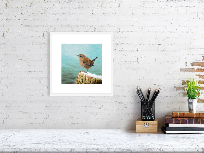 Print of a wren in a white picture frame and mount