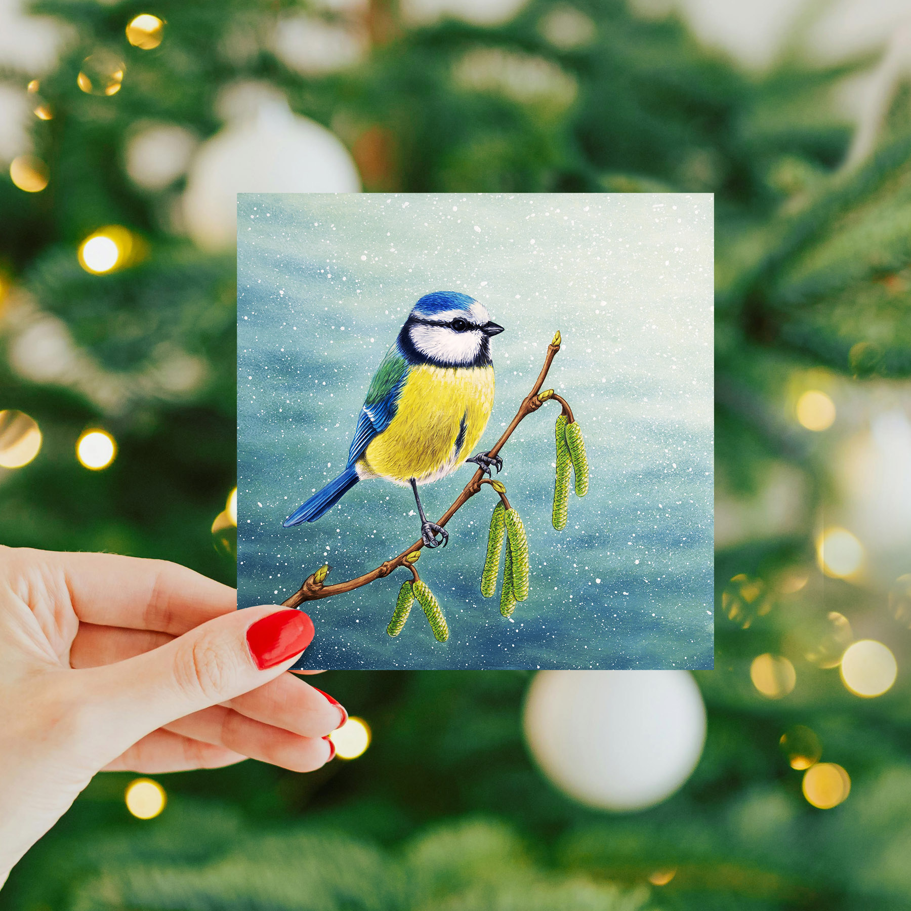 Hand holding a blue tit christmas card