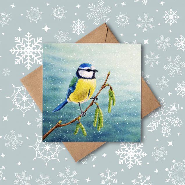 Blue tit christmas card with snowflake background