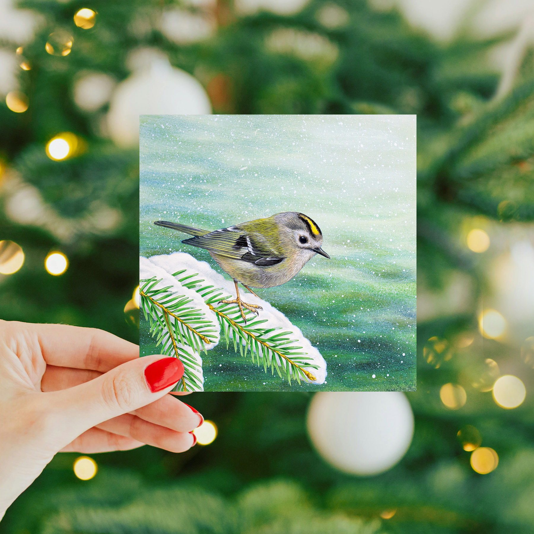 Hand holding a goldcrest christmas card