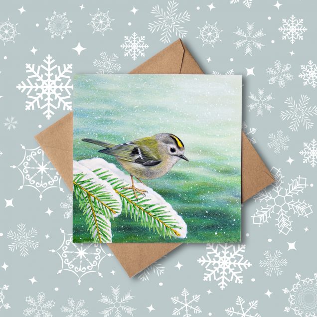 Goldcrest christmas card with snowflake background