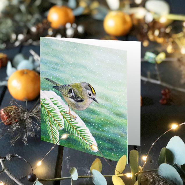 Goldcrest christmas card with decorations