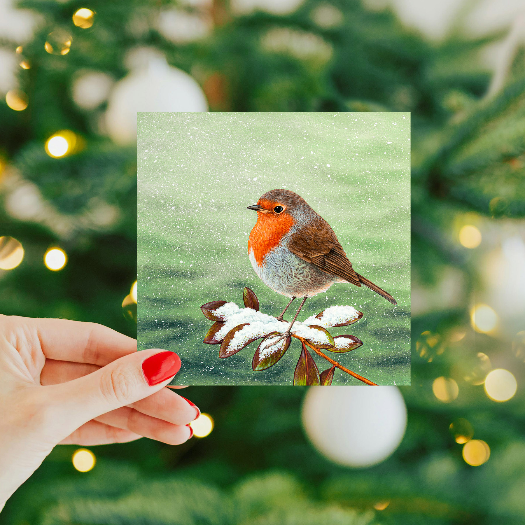 Hand holding a robin christmas card