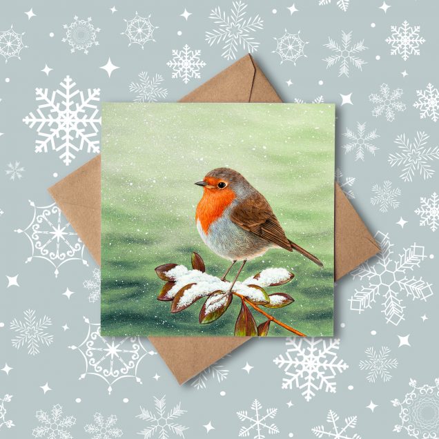 Robin christmas card with snowflake background