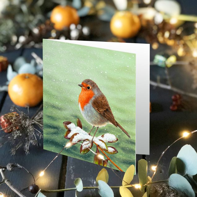 Robin christmas card with decorations