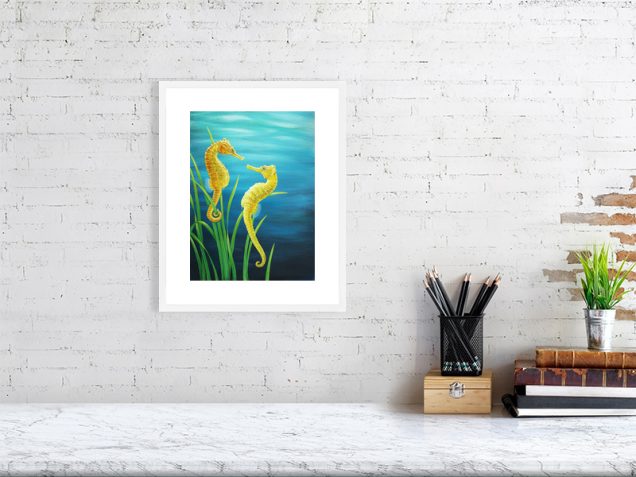 Seahorse print in white frame