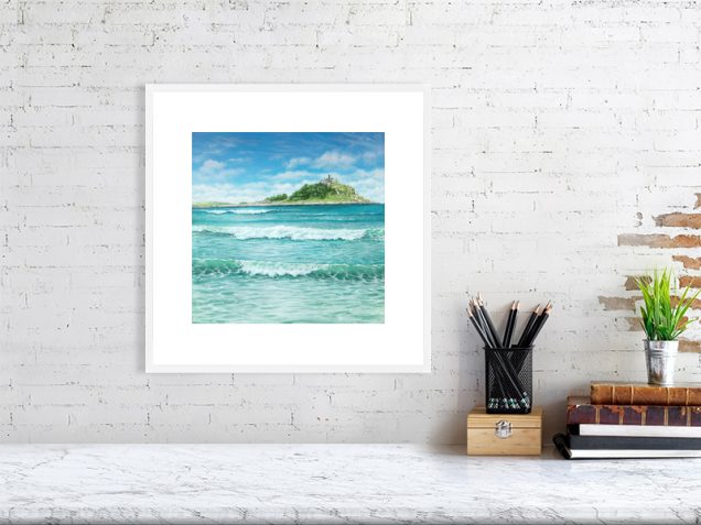 St Michaels Mount print in a white frame