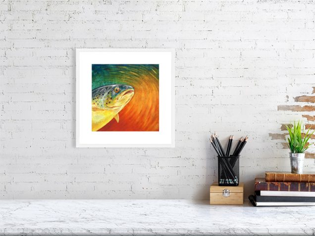 Trout print in a white frame