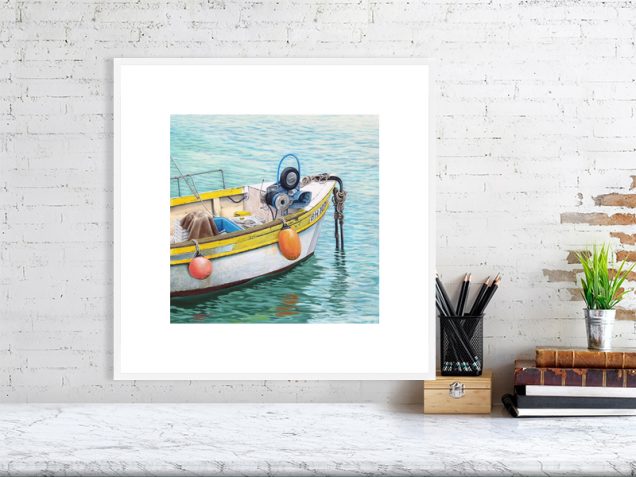 St Ives boat print in a white frame