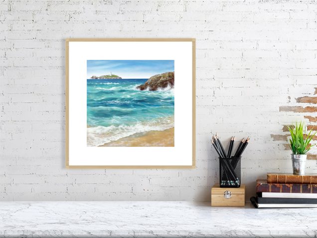Godrevy Lighthouse print in an oak frame