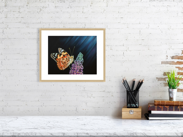 Butterfly print in an oak frame