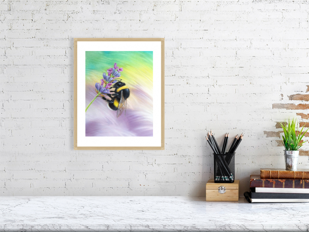 Bumble bee print in an oak frame
