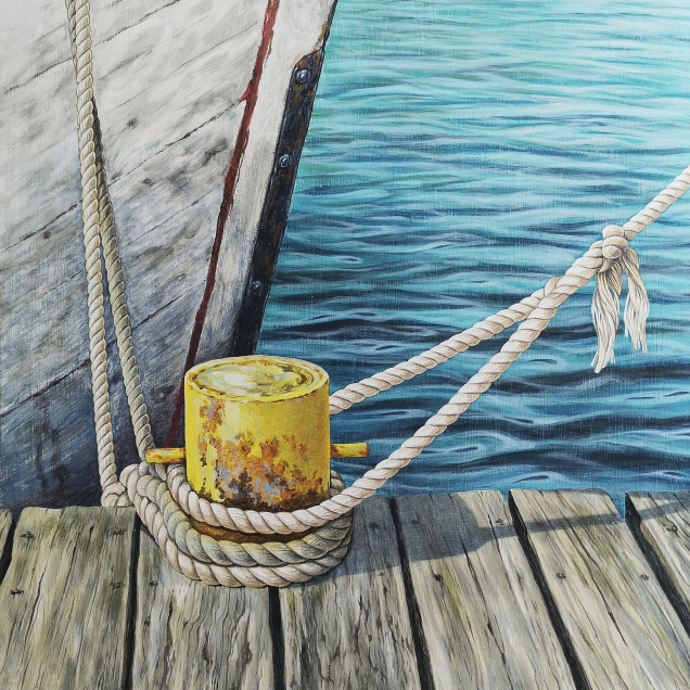 Original painting of a boat mooring and ropes