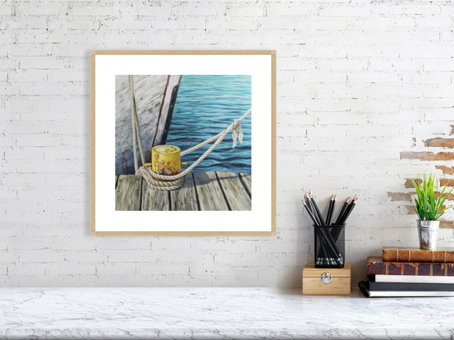 Boat mooring print in a white frame