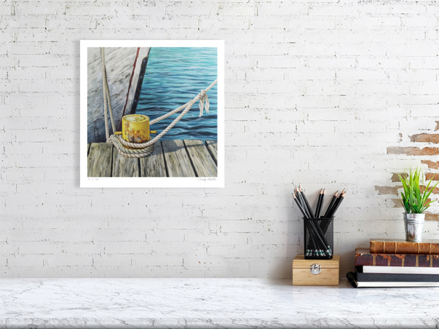 Signed print of a boat tied up to a quay