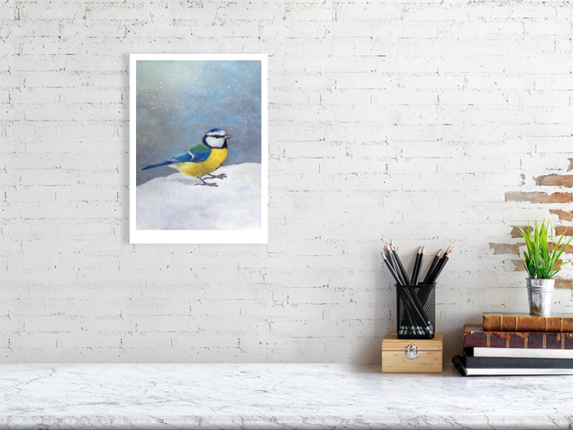 Signed print of a blue tit painting