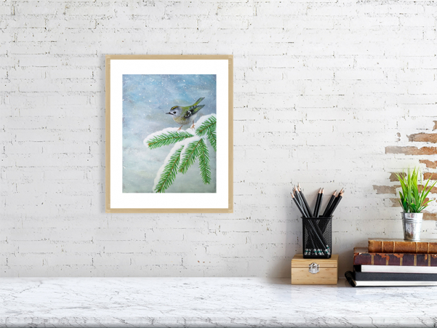 Goldcrest print in an oak frame