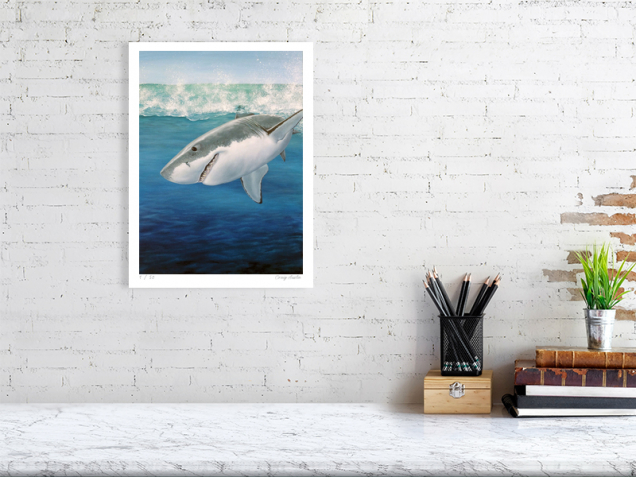 Signed print of a great white shark